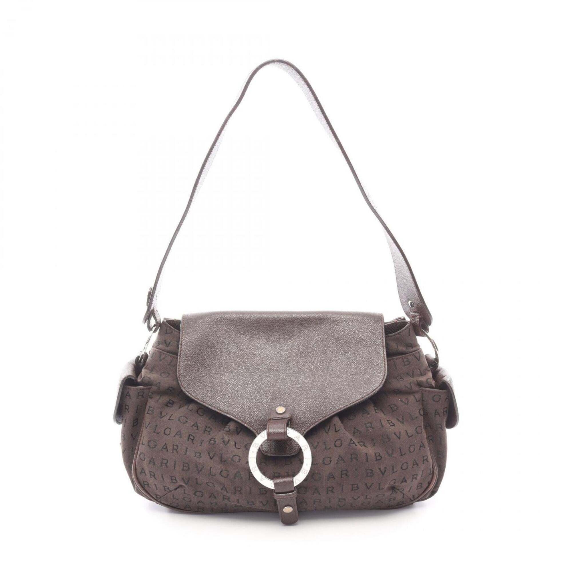 Bulgari Bvlgari Logo Mania Shoulder Bag Handbag Canvas Leather Women's Brown